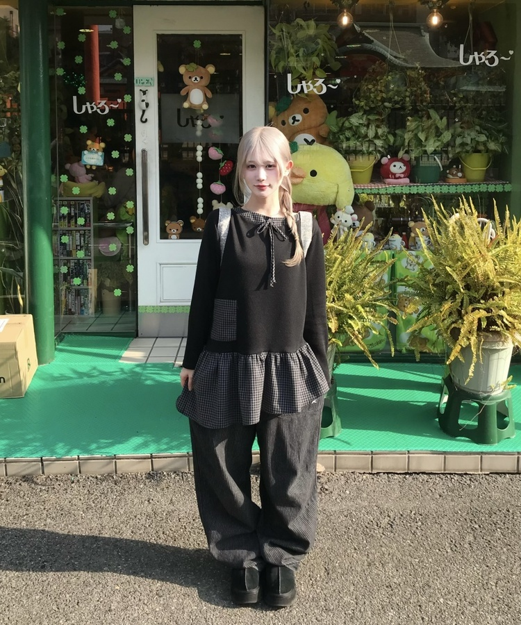 チェック柄アンバランス長袖Tシャツ BLACK