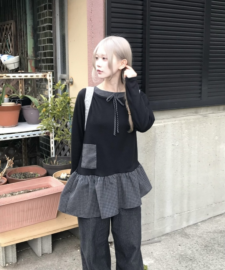 チェック柄アンバランス長袖Tシャツ BLACK
