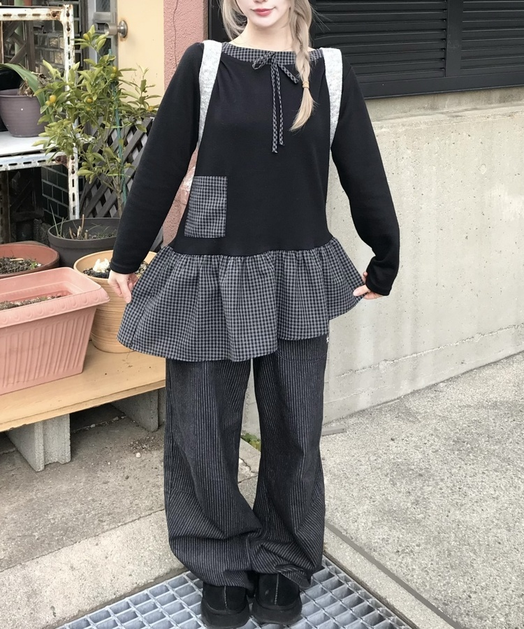 チェック柄アンバランス長袖Tシャツ BLACK