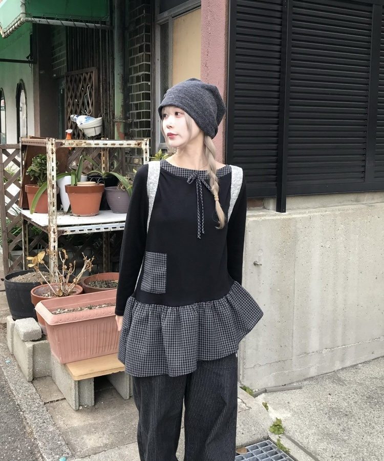 チェック柄アンバランス長袖Tシャツ BLACK