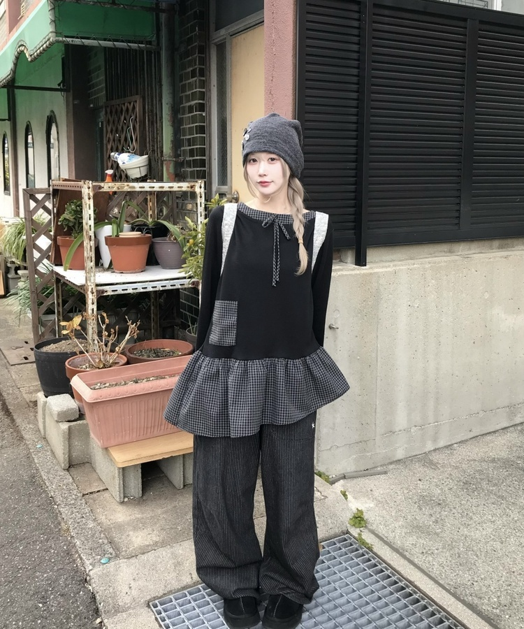 チェック柄アンバランス長袖Tシャツ BLACK