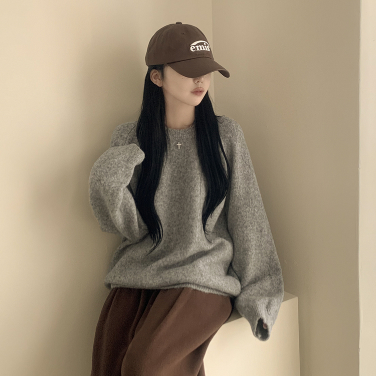 도톰폭닥 라운드넥 울 오버핏 겨울 소라색 니트 연말룩 여름쿨톤 소라니트 다크그레이