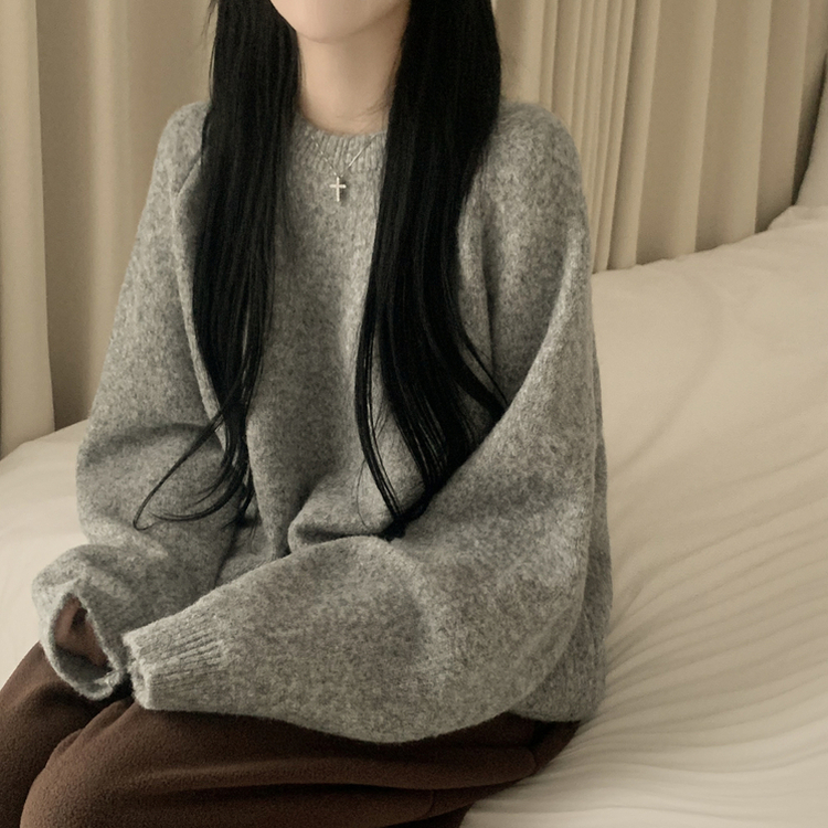 도톰폭닥 라운드넥 울 오버핏 겨울 소라색 니트 연말룩 여름쿨톤 소라니트 다크그레이