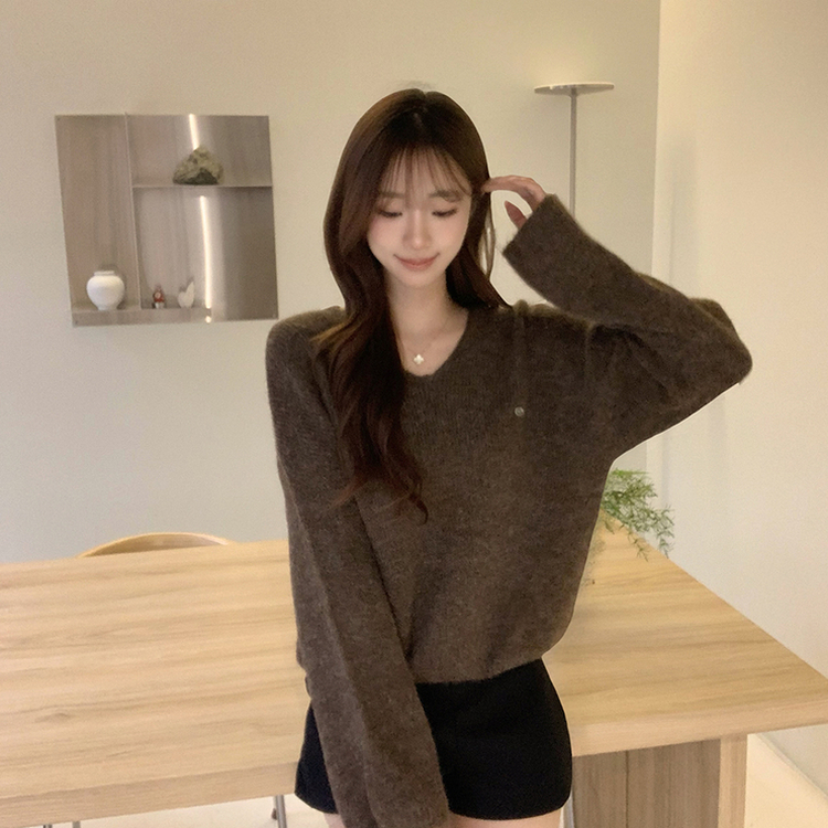 차르르 떨어지는 루즈핏 겨울 브이넥 버튼 참 니트 팬던트 데일리 연말룩 긴팔 상의 5color 브라운