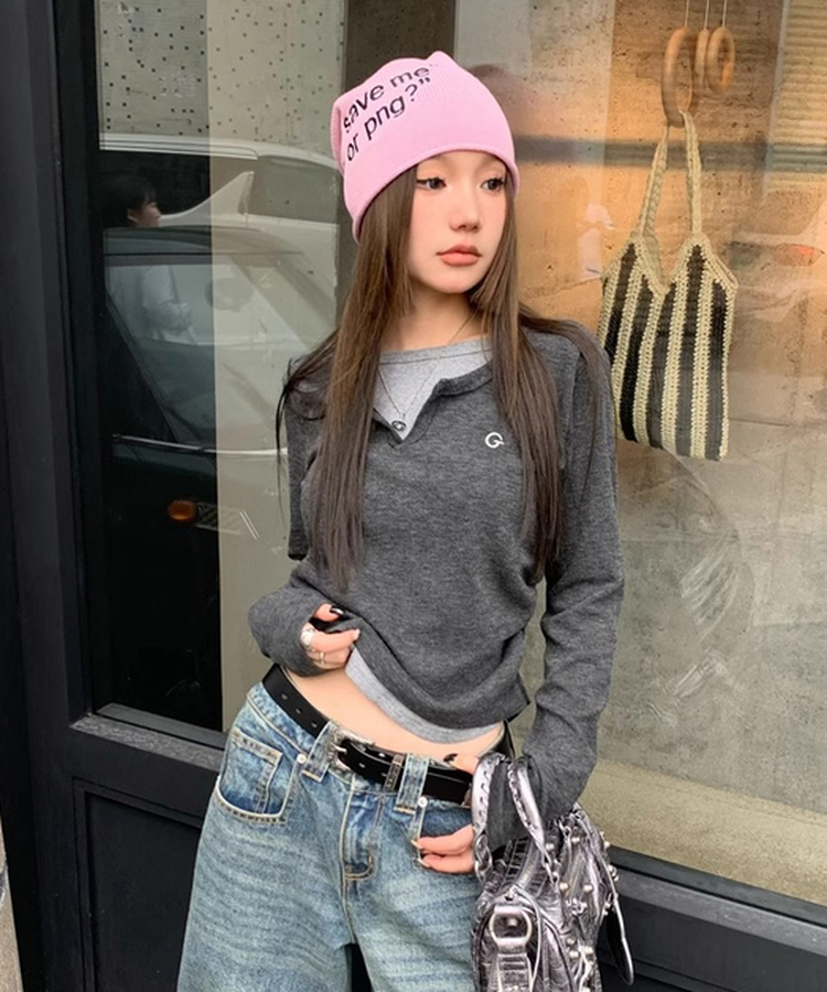 無地シンプルレイヤードTシャツ GREY