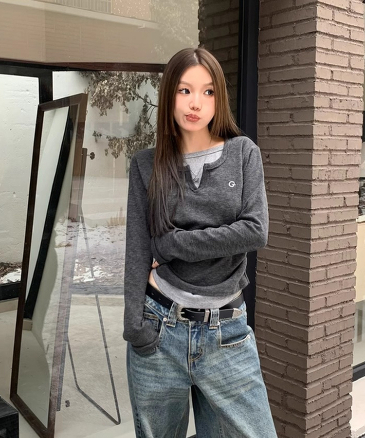 無地シンプルレイヤードTシャツ GREY