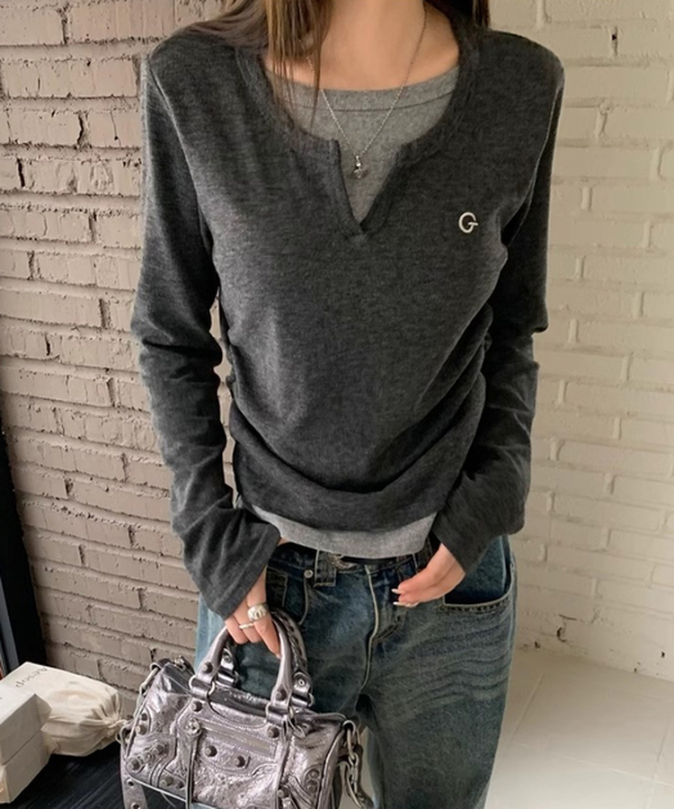 無地シンプルレイヤードTシャツ GREY