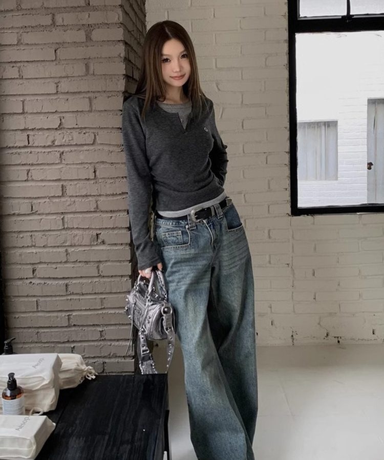 無地シンプルレイヤードTシャツ GREY
