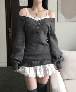 데스 울 딥브이넥 오프숄더 레이어드 벌룬 슬림 롱 니트 그레이