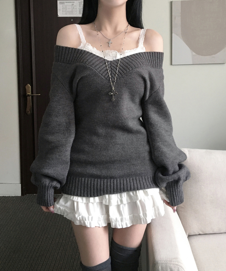 데스 울 딥브이넥 오프숄더 레이어드 벌룬 슬림 롱 니트 그레이