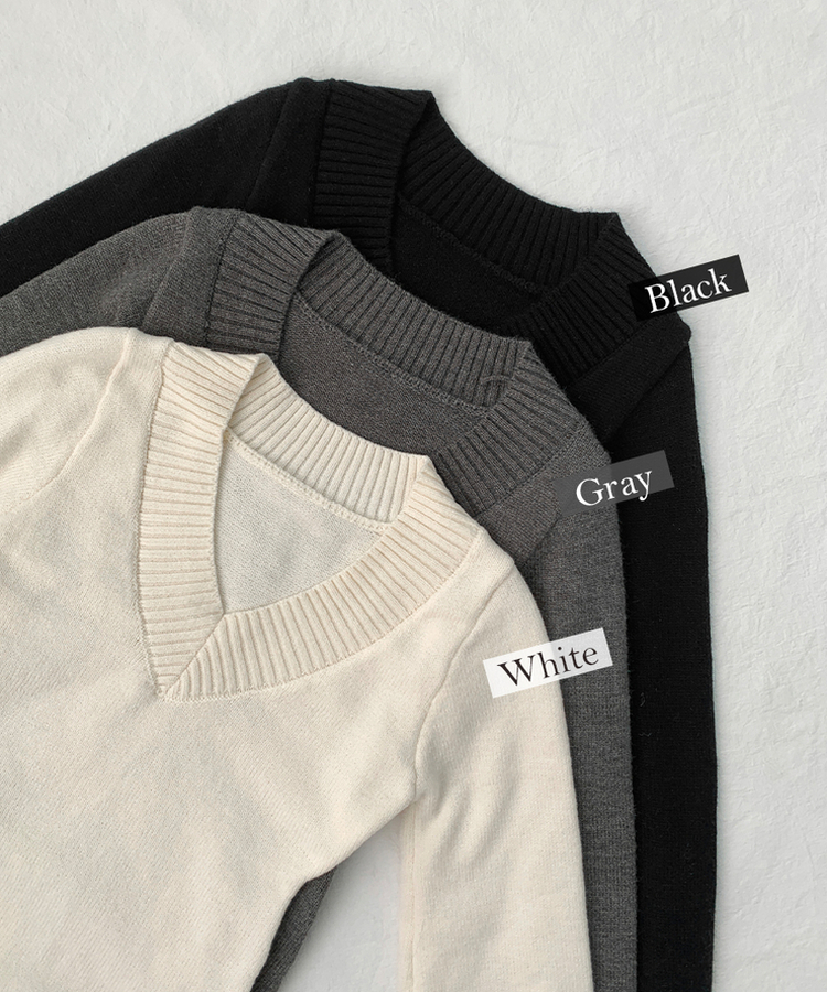 데스 울 딥브이넥 오프숄더 레이어드 벌룬 슬림 롱 니트