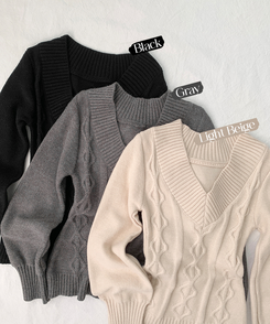 리키 브이넥 오프숄더 꽈배기 케이블 롱 슬림 벌룬 긴팔 니트