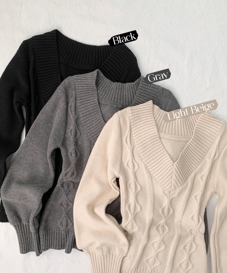 리키 브이넥 오프숄더 꽈배기 케이블 롱 슬림 벌룬 긴팔 니트