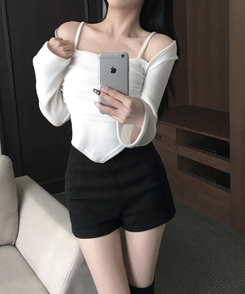 나밋 셔링 레이스 망사 볼레로 겉기모 언발 사선트임 티셔츠 화이트