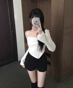 나밋 셔링 레이스 망사 볼레로 겉기모 언발 사선트임 티셔츠 화이트