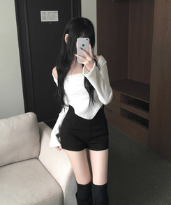 나밋 셔링 레이스 망사 볼레로 겉기모 언발 사선트임 티셔츠 화이트