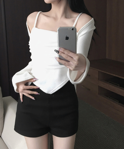 나밋 셔링 레이스 망사 볼레로 겉기모 언발 사선트임 티셔츠 화이트