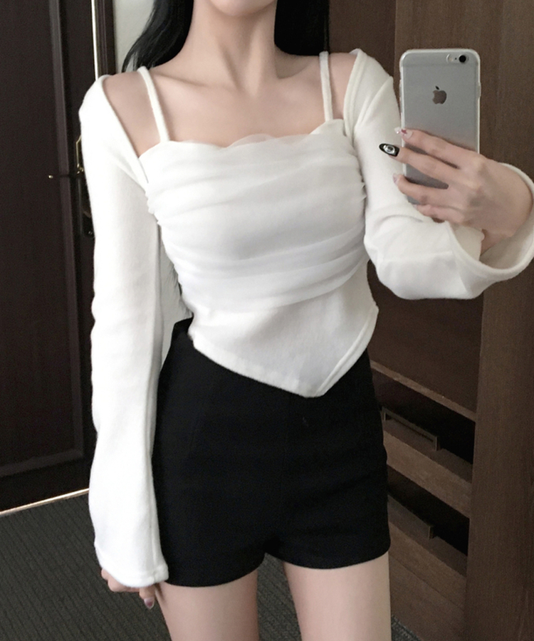 나밋 셔링 레이스 망사 볼레로 겉기모 언발 사선트임 티셔츠 화이트