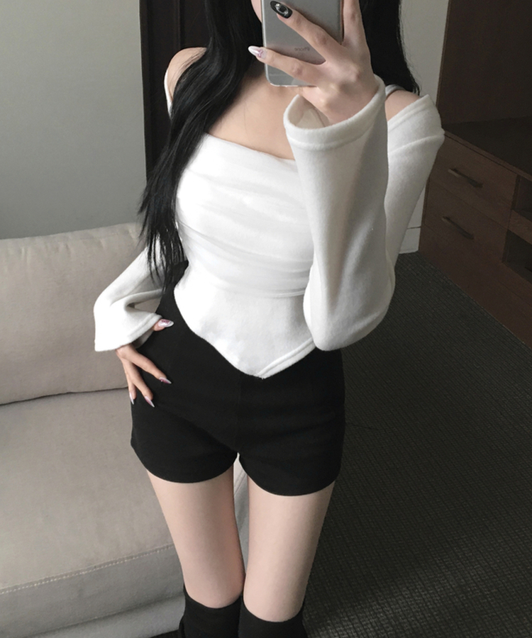 나밋 셔링 레이스 망사 볼레로 겉기모 언발 사선트임 티셔츠 화이트