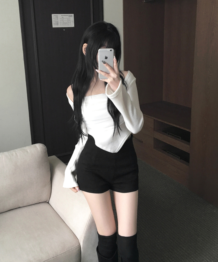 나밋 셔링 레이스 망사 볼레로 겉기모 언발 사선트임 티셔츠 화이트