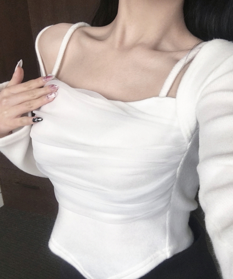 나밋 셔링 레이스 망사 볼레로 겉기모 언발 사선트임 티셔츠 화이트