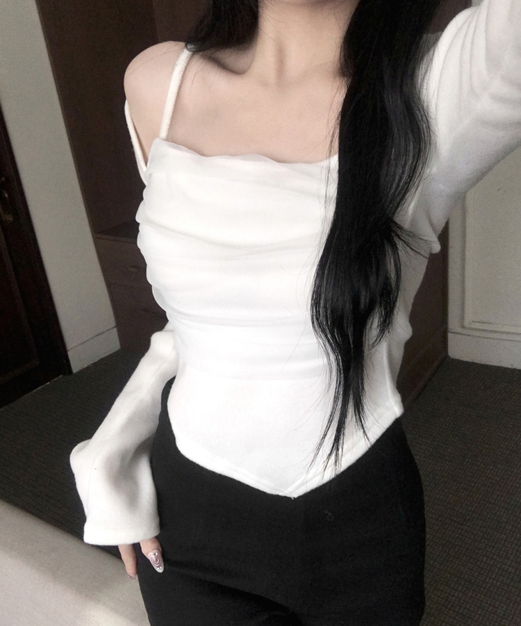 나밋 셔링 레이스 망사 볼레로 겉기모 언발 사선트임 티셔츠 화이트