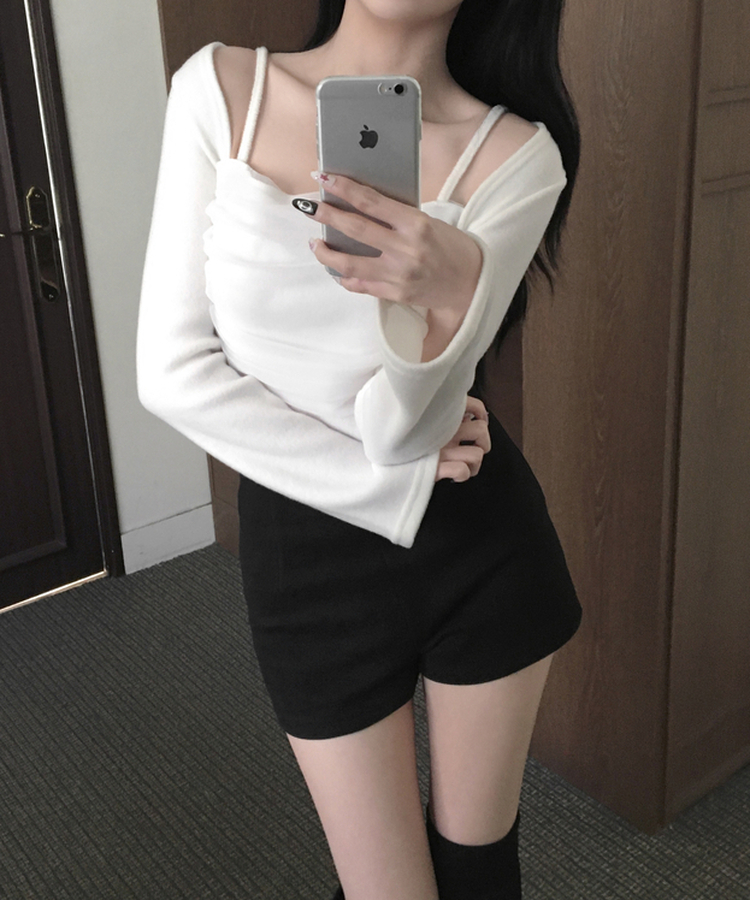 나밋 셔링 레이스 망사 볼레로 겉기모 언발 사선트임 티셔츠 화이트