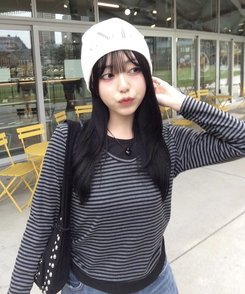 단가라 배색 셔링 긴팔티셔츠 블랙