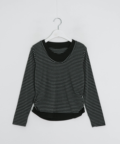 단가라 배색 셔링 긴팔티셔츠