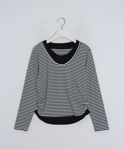 단가라 배색 셔링 긴팔티셔츠