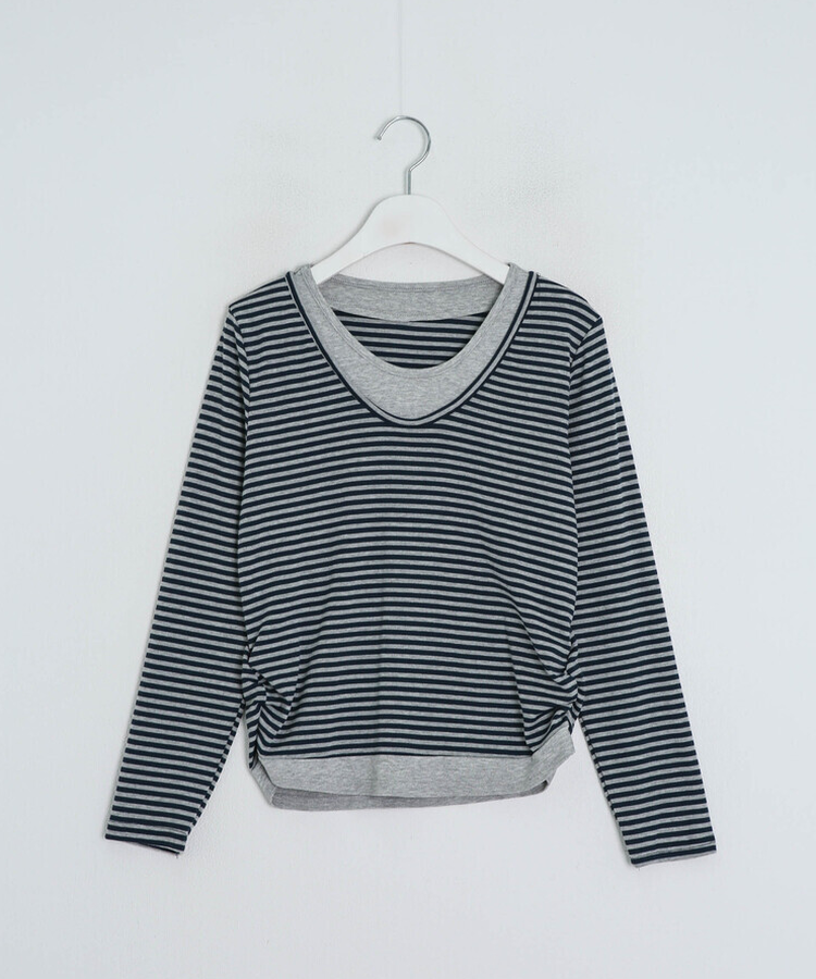 단가라 배색 셔링 긴팔티셔츠