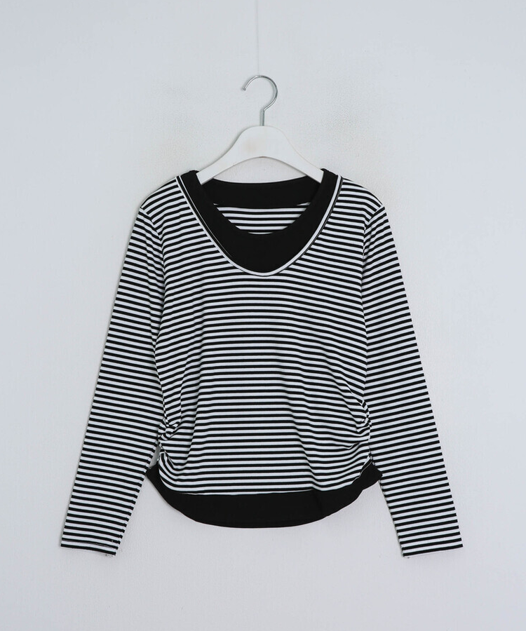 단가라 배색 셔링 긴팔티셔츠