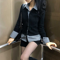 レイヤードチェックシャツカーディガン BLACK