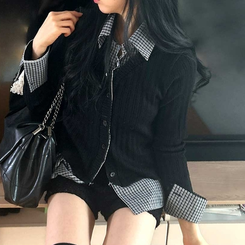 レイヤードチェックシャツカーディガン BLACK