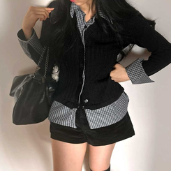 レイヤードチェックシャツカーディガン BLACK