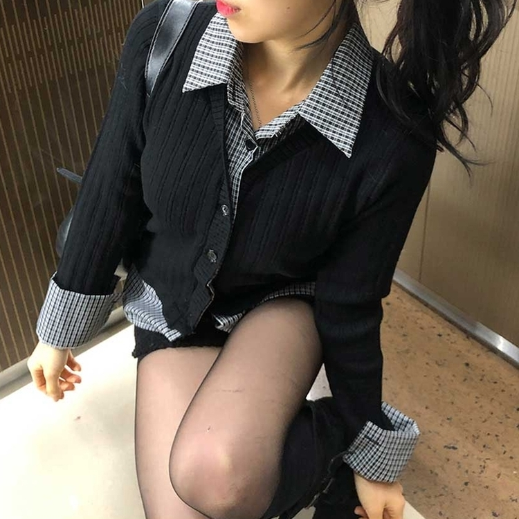 レイヤードチェックシャツカーディガン BLACK