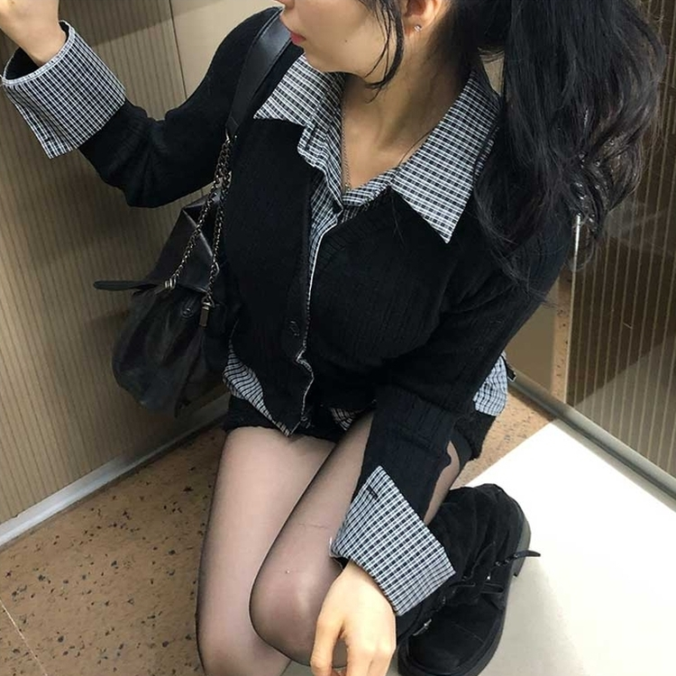 レイヤードチェックシャツカーディガン BLACK