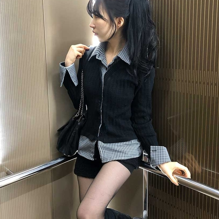レイヤードチェックシャツカーディガン BLACK