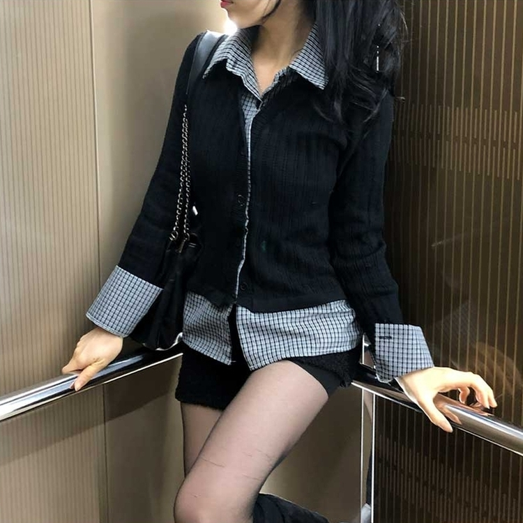レイヤードチェックシャツカーディガン BLACK