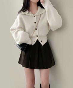 폭닥폭닥 하이넥 후드 골지 세미 크롭 아방핏 니트 가디건 아이보리