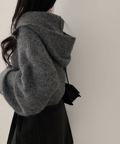 폭닥폭닥 하이넥 후드 골지 세미 크롭 아방핏 니트 가디건 그레이