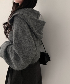 폭닥폭닥 하이넥 후드 골지 세미 크롭 아방핏 니트 가디건 그레이