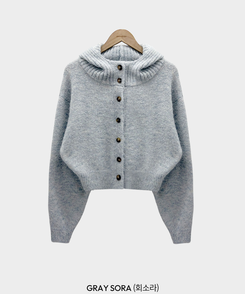 폭닥폭닥 하이넥 후드 골지 세미 크롭 아방핏 니트 가디건