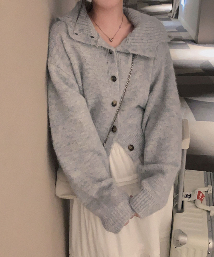 폭닥폭닥 하이넥 후드 골지 세미 크롭 아방핏 니트 가디건 회소라