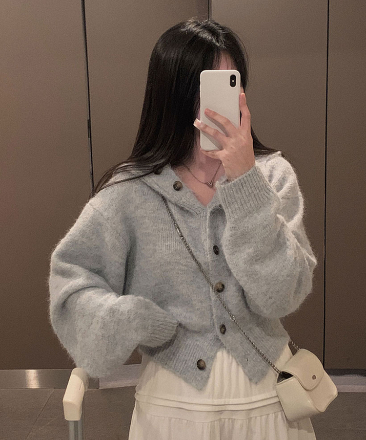 폭닥폭닥 하이넥 후드 골지 세미 크롭 아방핏 니트 가디건 회소라