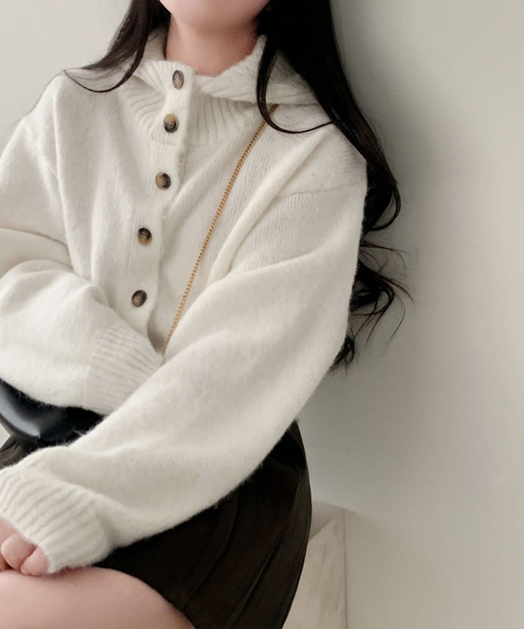 폭닥폭닥 하이넥 후드 골지 세미 크롭 아방핏 니트 가디건 아이보리