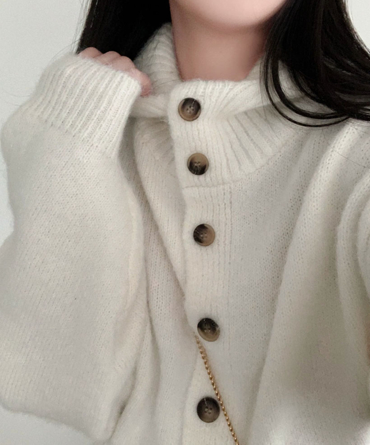 폭닥폭닥 하이넥 후드 골지 세미 크롭 아방핏 니트 가디건 아이보리
