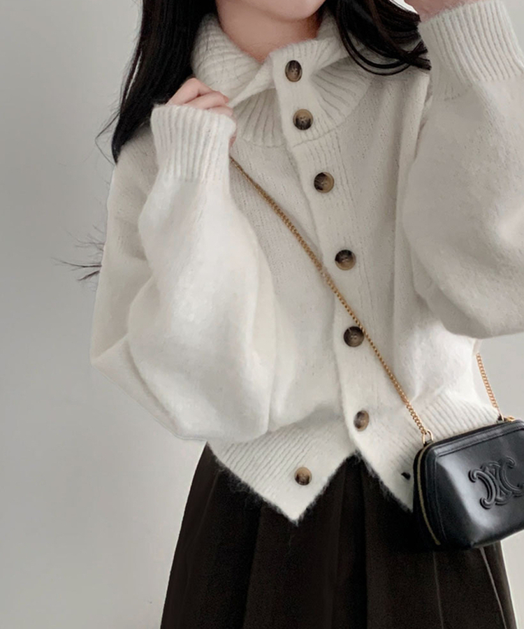 폭닥폭닥 하이넥 후드 골지 세미 크롭 아방핏 니트 가디건 아이보리