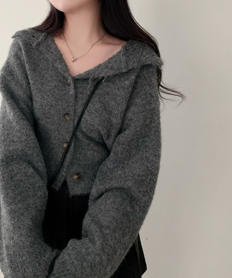 폭닥폭닥 하이넥 후드 골지 세미 크롭 아방핏 니트 가디건 그레이