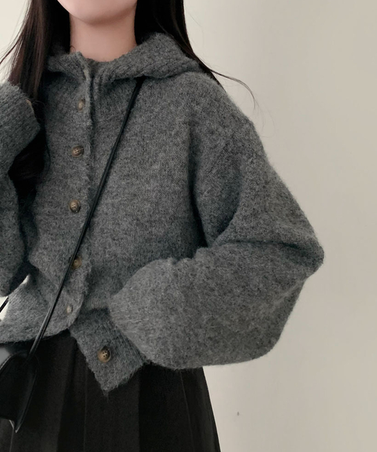 폭닥폭닥 하이넥 후드 골지 세미 크롭 아방핏 니트 가디건 그레이